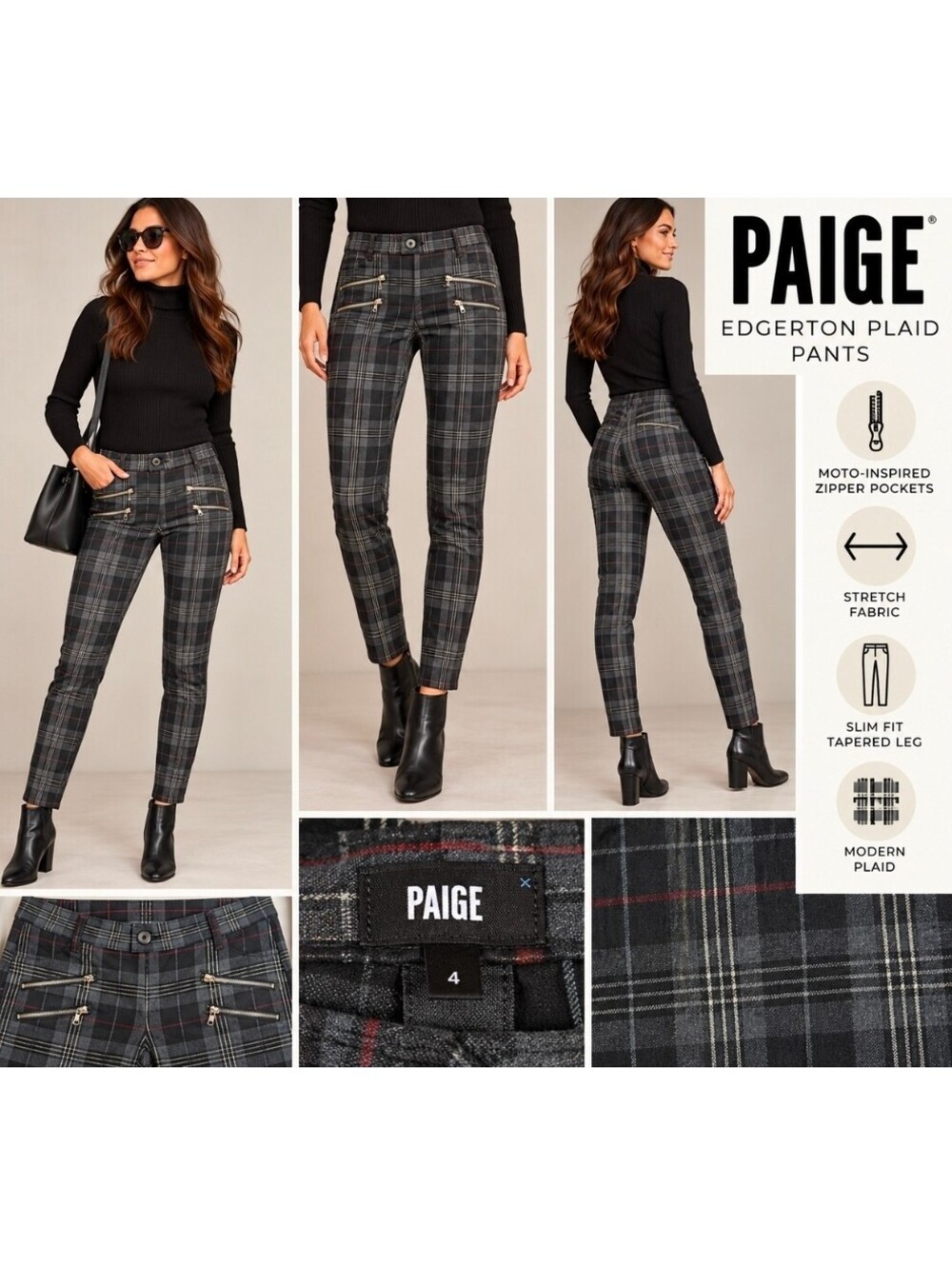 PAIGE Edgerton Plaid Moto Pants Women’s 4 Gray Red Tartan Zip Pockets Slim